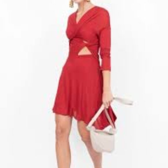Atlein Plisse Effect Red Long Sleeve V-Neck Layered Wrap Dress sz 2 NWT - Picture 3 of 3